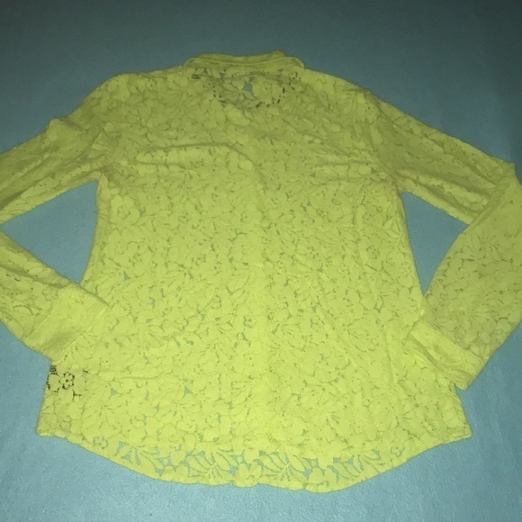 VOLCOM lace floral blouse chartreuse colored button up long sleeve NEW size S - Picture 2 of 10